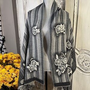 Elegant Gray and White Embroidered and Pearl Beaded Scarf / Wrap